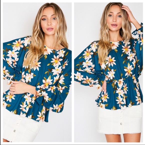 Dark teal floral print top with long sleev… - Picture 3 of 6